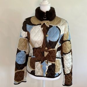 Coach scarf print signature quilted jacket with real fur collar
